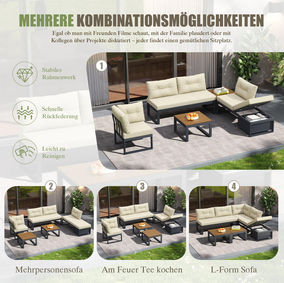 GARTENSET aus Eisen und Polyester 191,5x191,5x79 cm Beige mit Stauraum und 3-fach verstellbarer Liegefunktion - Beige, Textil - Modfu