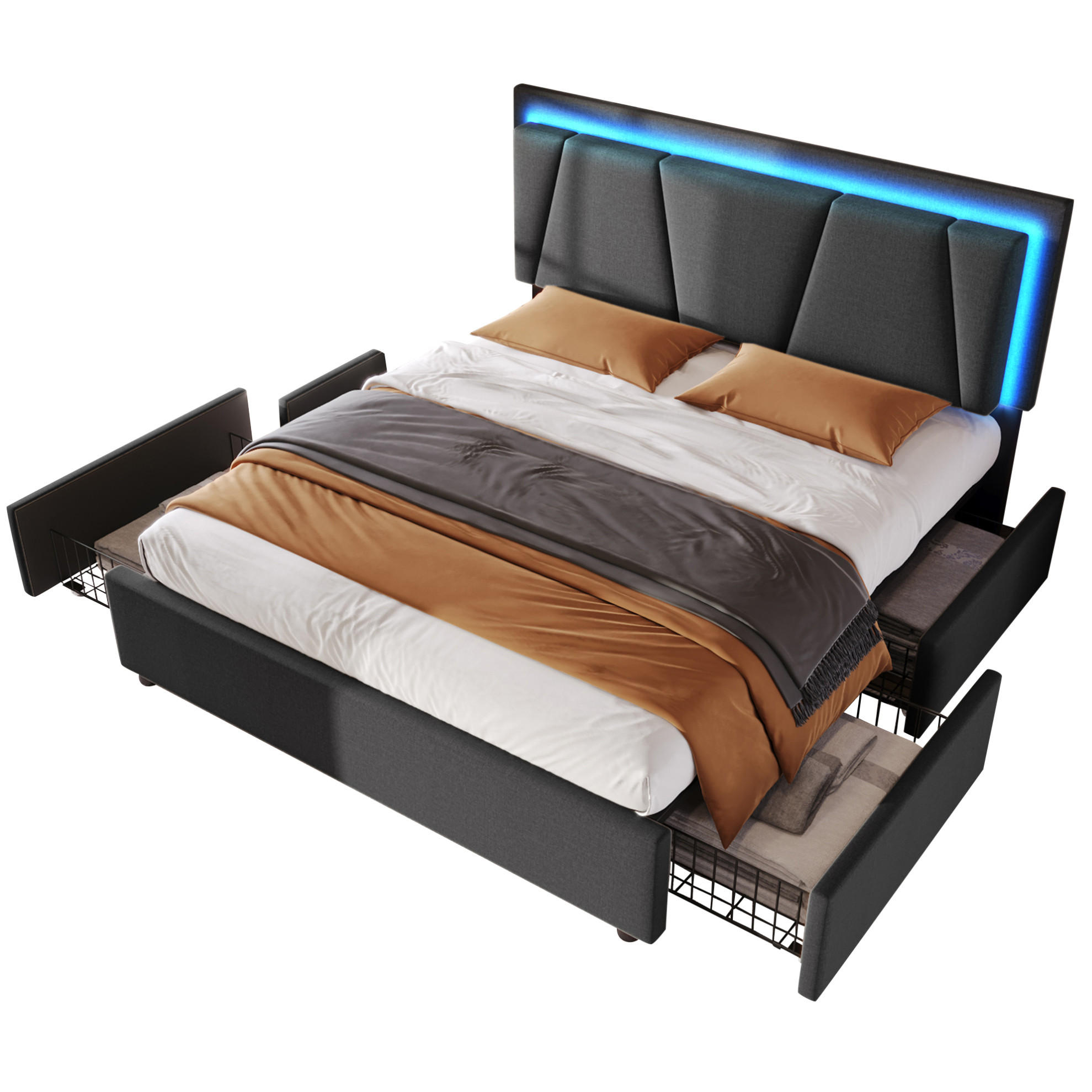 OKWISH ČALOUNĚNÁ postel 160/200 cm šedá z dřeva s LED osvětlením, nastavitelným čelem a 4 zásuvkami