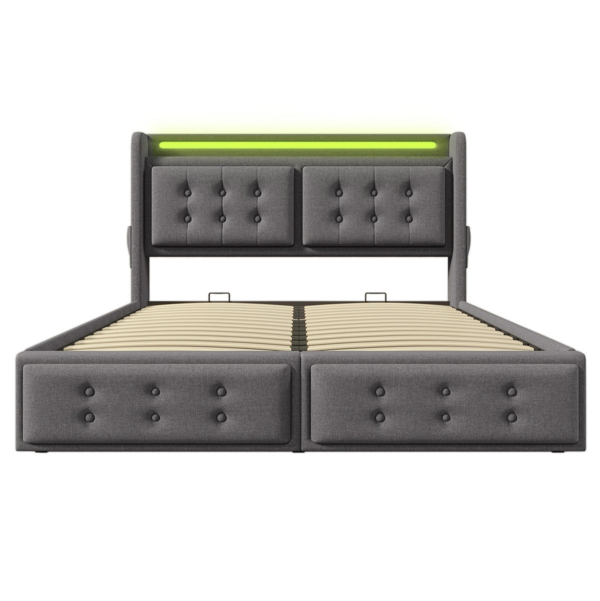 POLSTERBETT aus Baumwoll-Leinen 140x200 cm in Grau mit LED, USB-C & Matratze - Grau, Textil (140/200cm) - Modfu