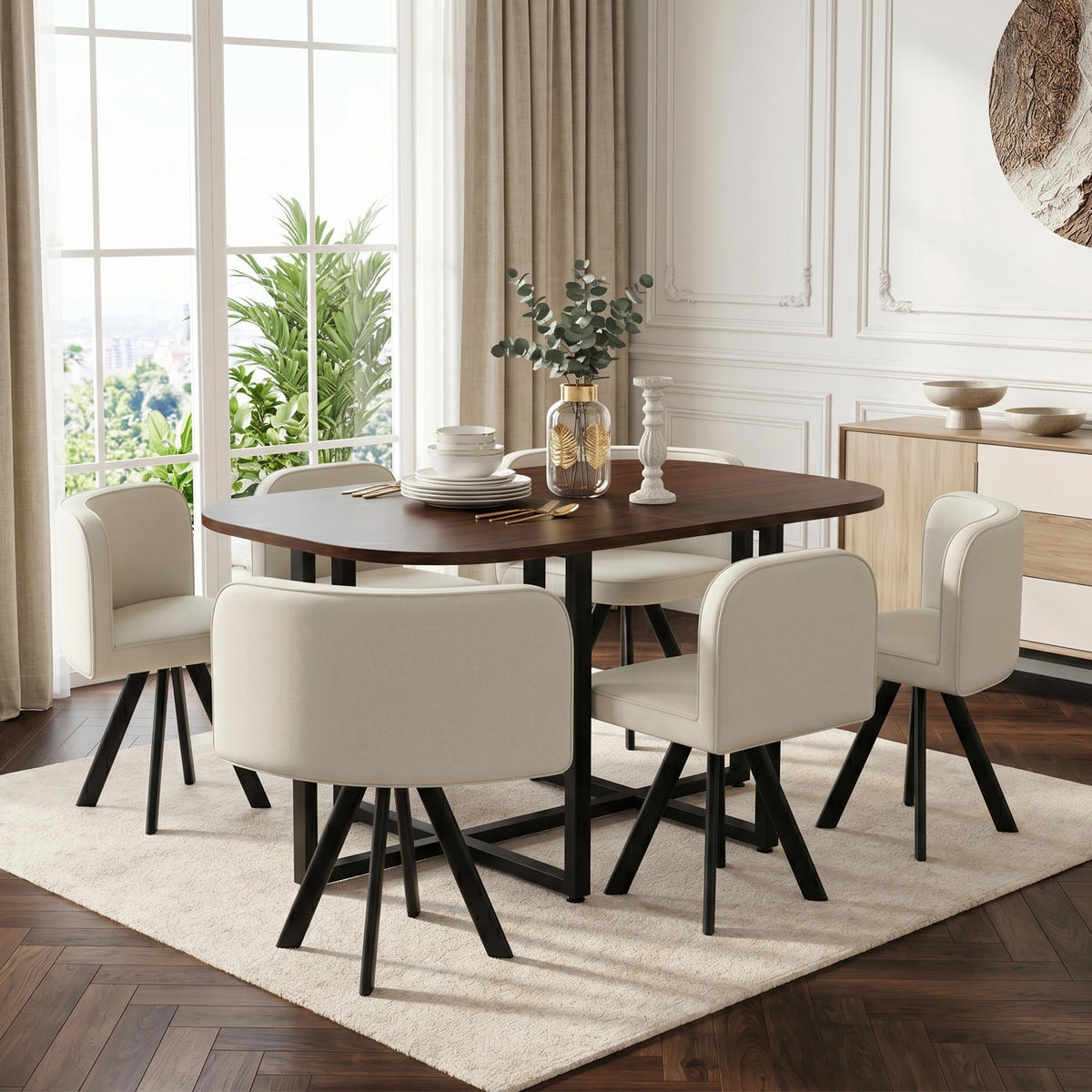 ESSTISCH SET 6 Personen 140x90cm Walnuss Beige Leinen - Beige/Walnussfarben, Holzwerkstoff (140/73/90cm) - FLIEKS
