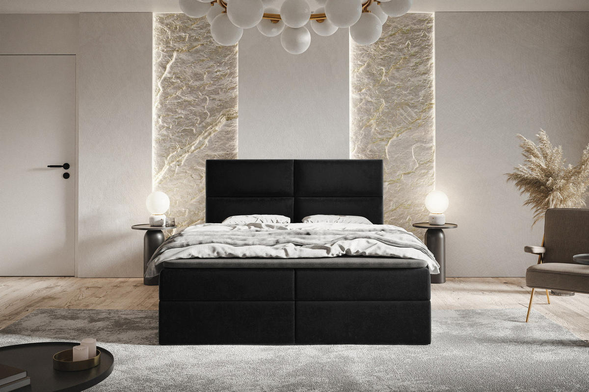BOXSPRINGBETT mit Matratze 140x200 Coral, Samt, Bettkasten, Schwarz - Schwarz, Holz/Textil (140/200cm) - Emporius