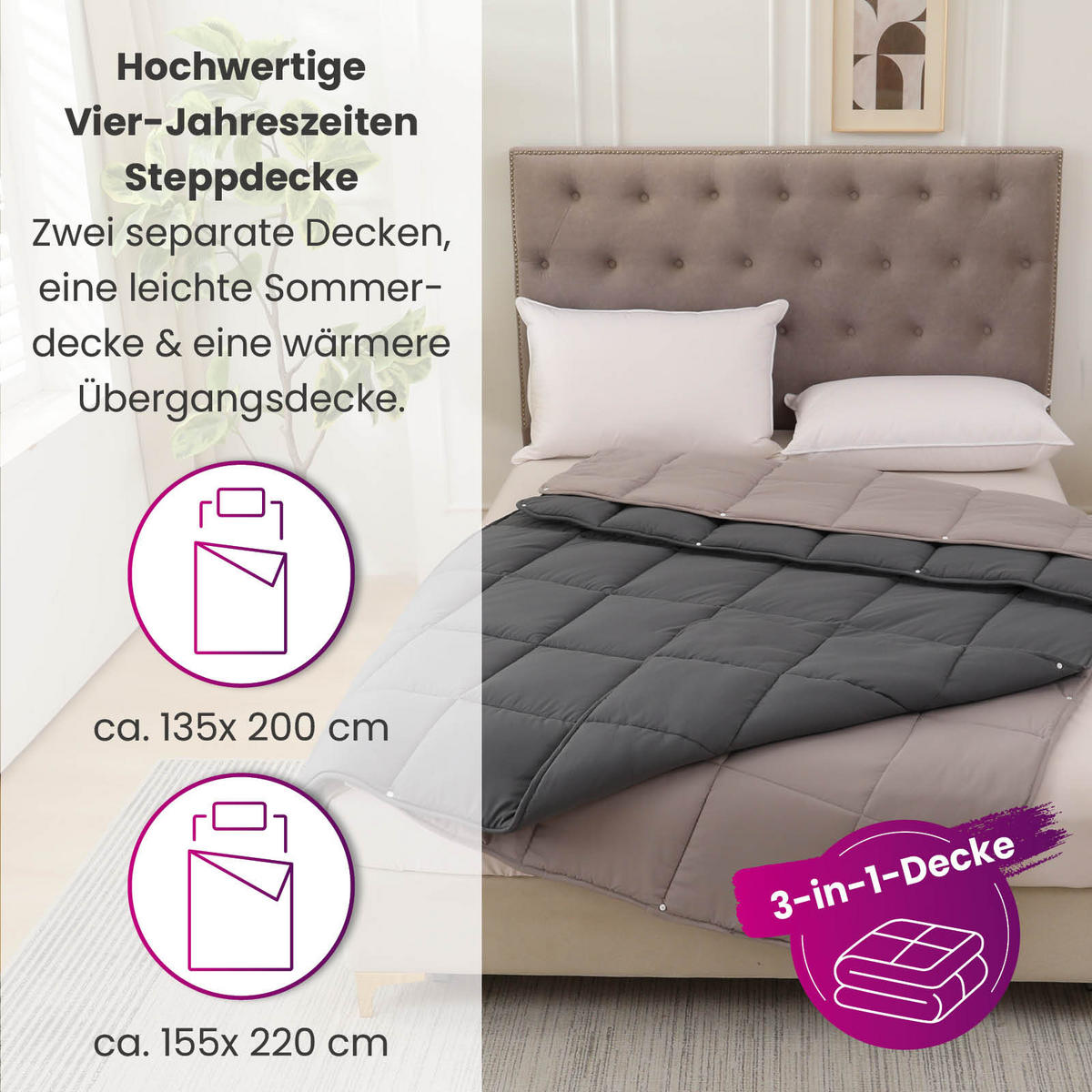 4-JAHRESZEITEN Steppbett Bi-Color im Wende-Design grau 135x200 - Grau, Textil (135/200cm) - wometo