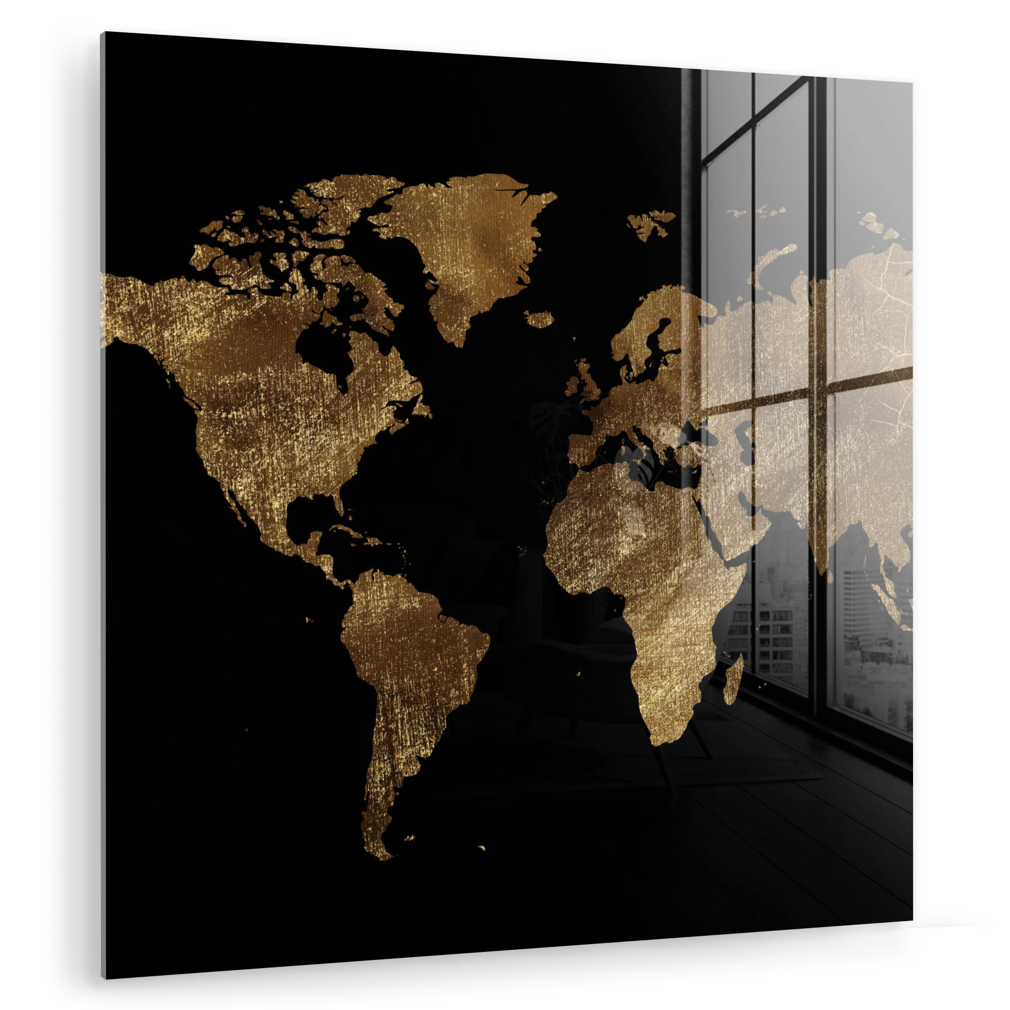ACRYLGLASBILD Weltkarte - Gold - Luxus - Erde - Schwarz 50x50 cm - Goldfarben, Glas (50/50cm) - MuchoWow