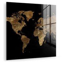 ACRYLGLASBILD Weltkarte - Gold - Luxus - Erde - Schwarz 90x90 cm - Goldfarben, Glas (90/90cm) - MuchoWow