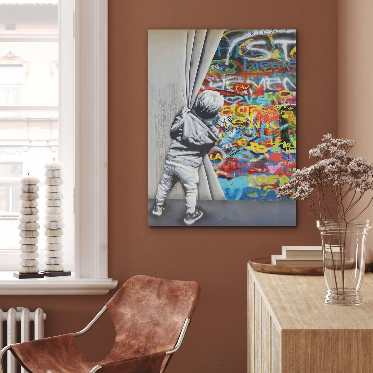 AKUSTIKBILD Graffiti - Junge - Ilussie - Straßenkunst Wandbilder 60x80 cm - Hellgrau, Textil (60/80/0.9cm) - MuchoWow