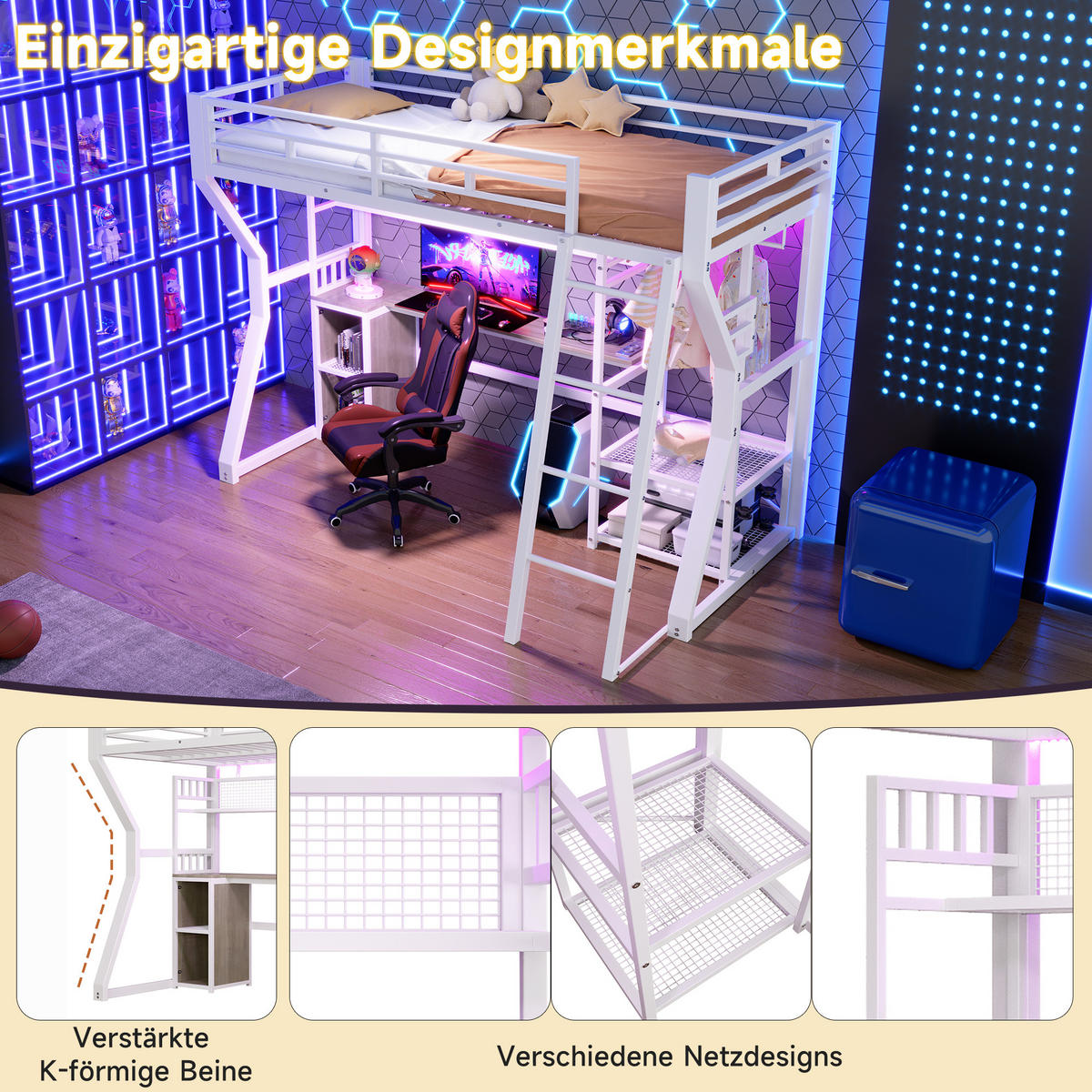 HOCHBETT 90/200 cm in Weiß mit Lichtleiste, Steckdose, Schreibtisch und Staufächern im modernen Design - Weiß, Holzwerkstoff/Metall (90/200cm) - STILVORA