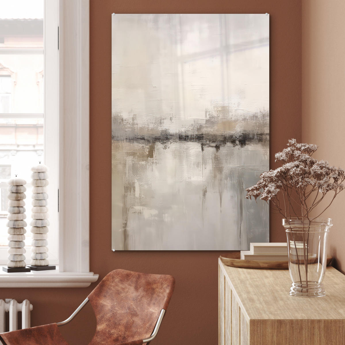 ACRYLGLASBILD Moderne Kunst - Abstrakt - Beige 60x90 cm - Beige, Glas (60/90cm) - MuchoWow