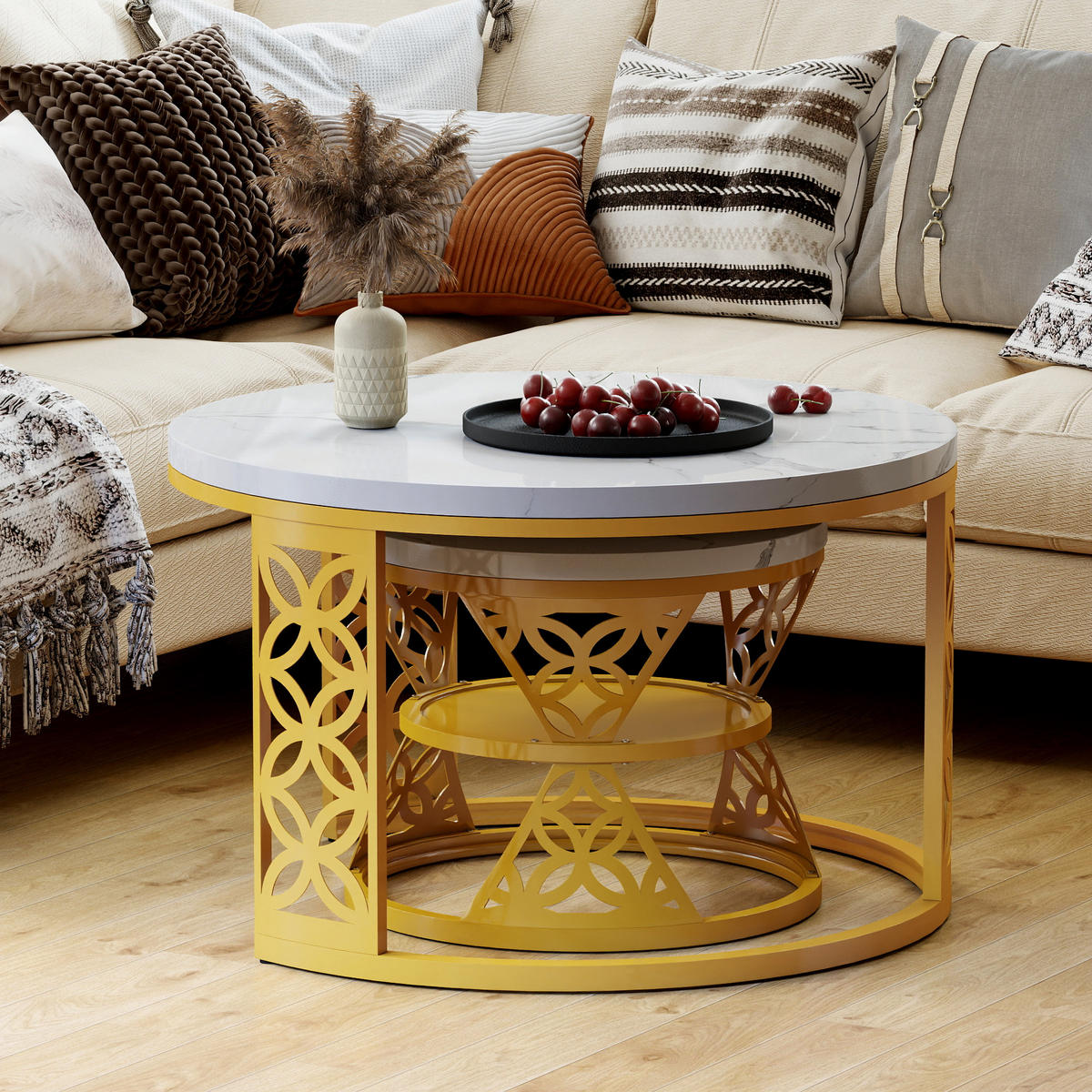 COUCHTISCH in Goldfarben Hitzebeständiger Wohnzimmertisch mit Marmor-Optik Platte Sofatisch mit Metallgestell - Goldfarben/Weiß, Holzwerkstoff/Metall (70/70/45cm) - STILVORA