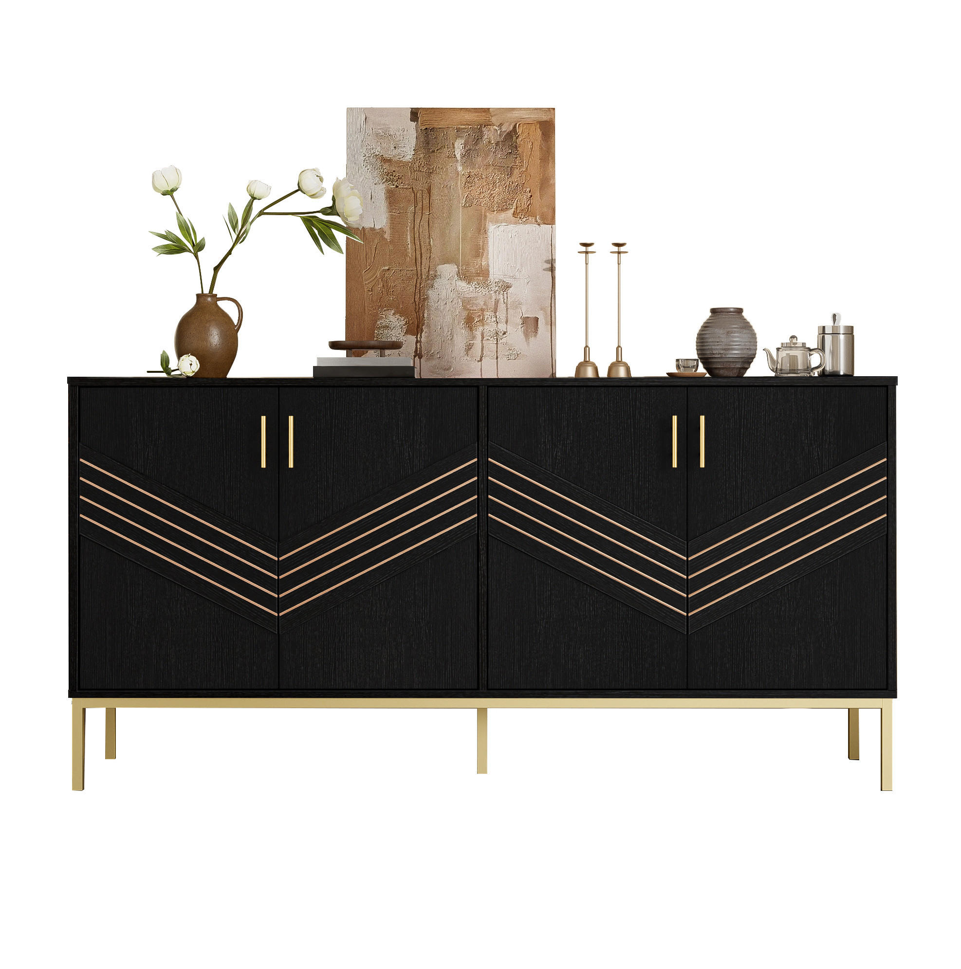 SIDEBOARD 160/40/80,5 cm mit 4 Türen in Schwarz mit goldfarbenen Metallakzenten - Schwarz, Holzwerkstoff (160/80.5/40cm) - BEAOK