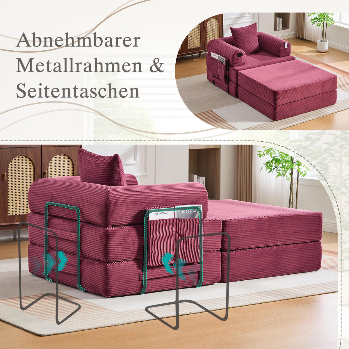 SOFA Cord Weinrot mit Kissen und Hocker - Weinrot, Textil/Metall (112/67/190cm) - WISHDOR