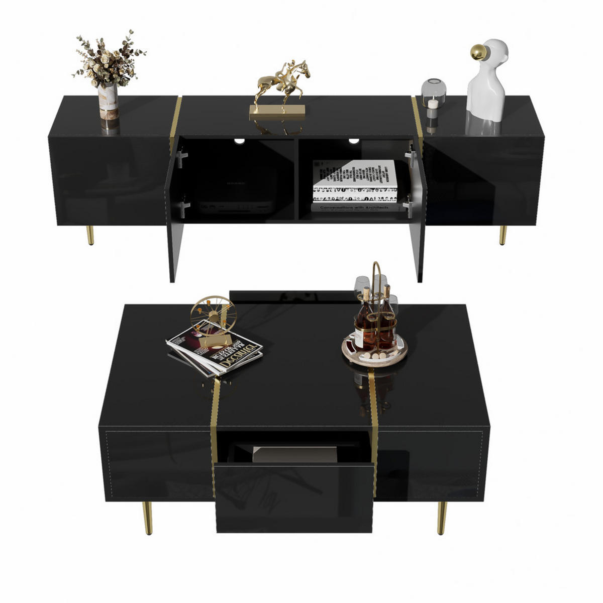 TV-SCHRANK SET Modern Hochglanzschwarz mit Couchtisch - Schwarz, Holz (43.18/21.84/96.52cm) - FLIEKS
