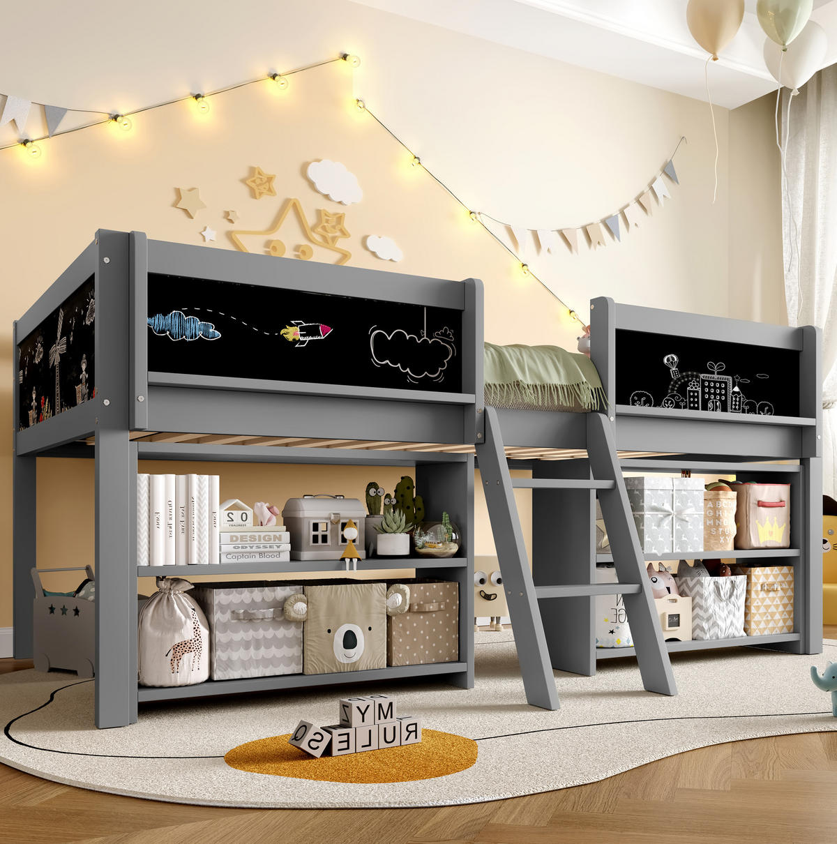 HALBHOHES BETT 90/200 cm, Grau mit Stauraum und Zeichentafel - Grau, Holz (90/200cm) - MIVRAY