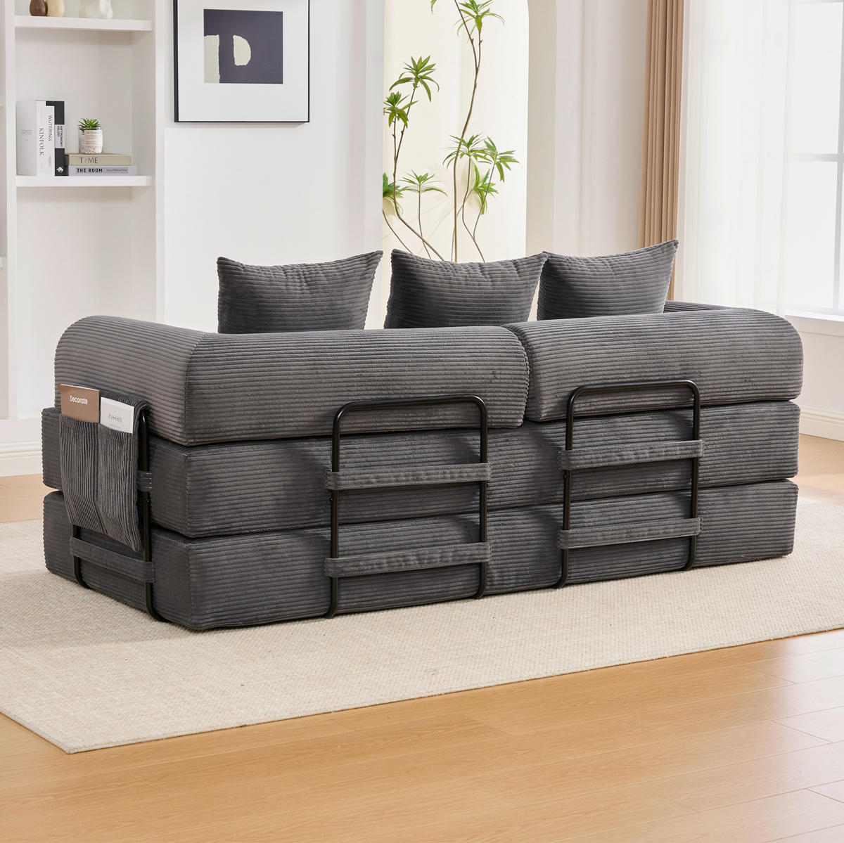 SOFA modular mit Seitentasche 200 x 94 x 67 cm Cord Dark Gray inkl. 3 Kissen - Dunkelgrau, Kunststoff (94/67/200cm) - Meubliv
