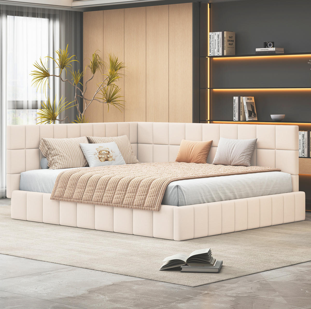 POLSTERBETT 160/200 cm Beige aus Samt mit Lattenrost und Rückenlehne - Beige, Textil (160/200cm) - Flora Grace