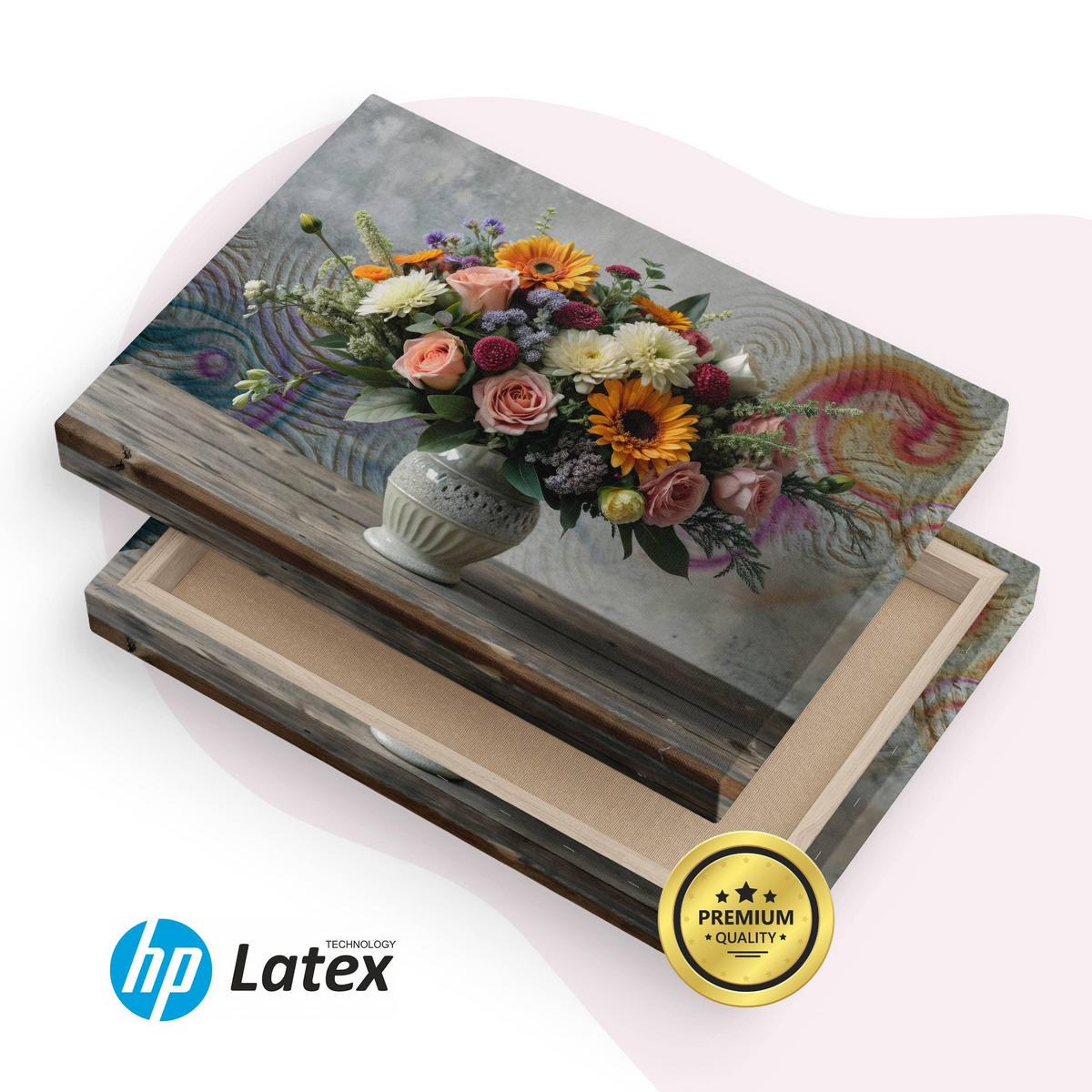 LEINWANDBILD für Wohnzimmer Blumenstrauß in Vase Ornamenten 70cm x 50cm - Blau/Beige, Textil (70/50cm) - Muralo