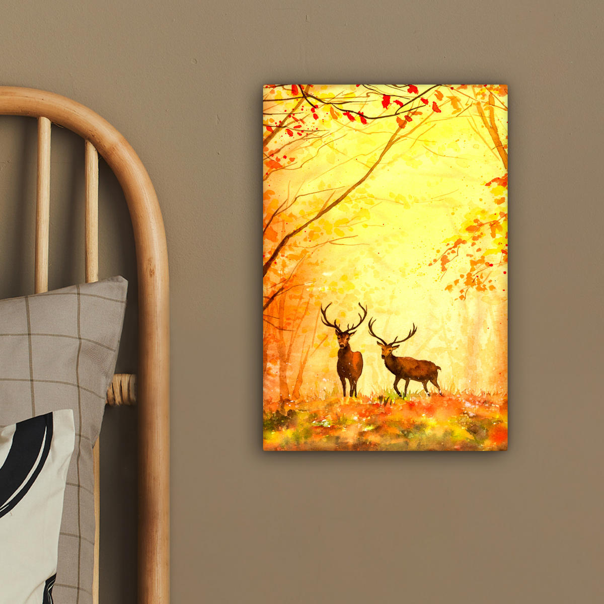 LEINWANDBILD Natur - Ölfarbe - Hirsche - Tiere - Herbst - Orange 20x30 cm - Orange, Textil (20/30cm) - MuchoWow