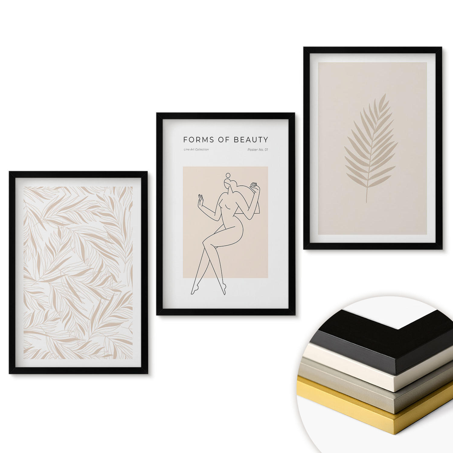 WANDBILDER 3er-Set - 40x60 cm Schwarzer Rahmen - Minimalistische botanische Motive - Schwarz, Kunststoff (40/60cm) - ArtPrintCave