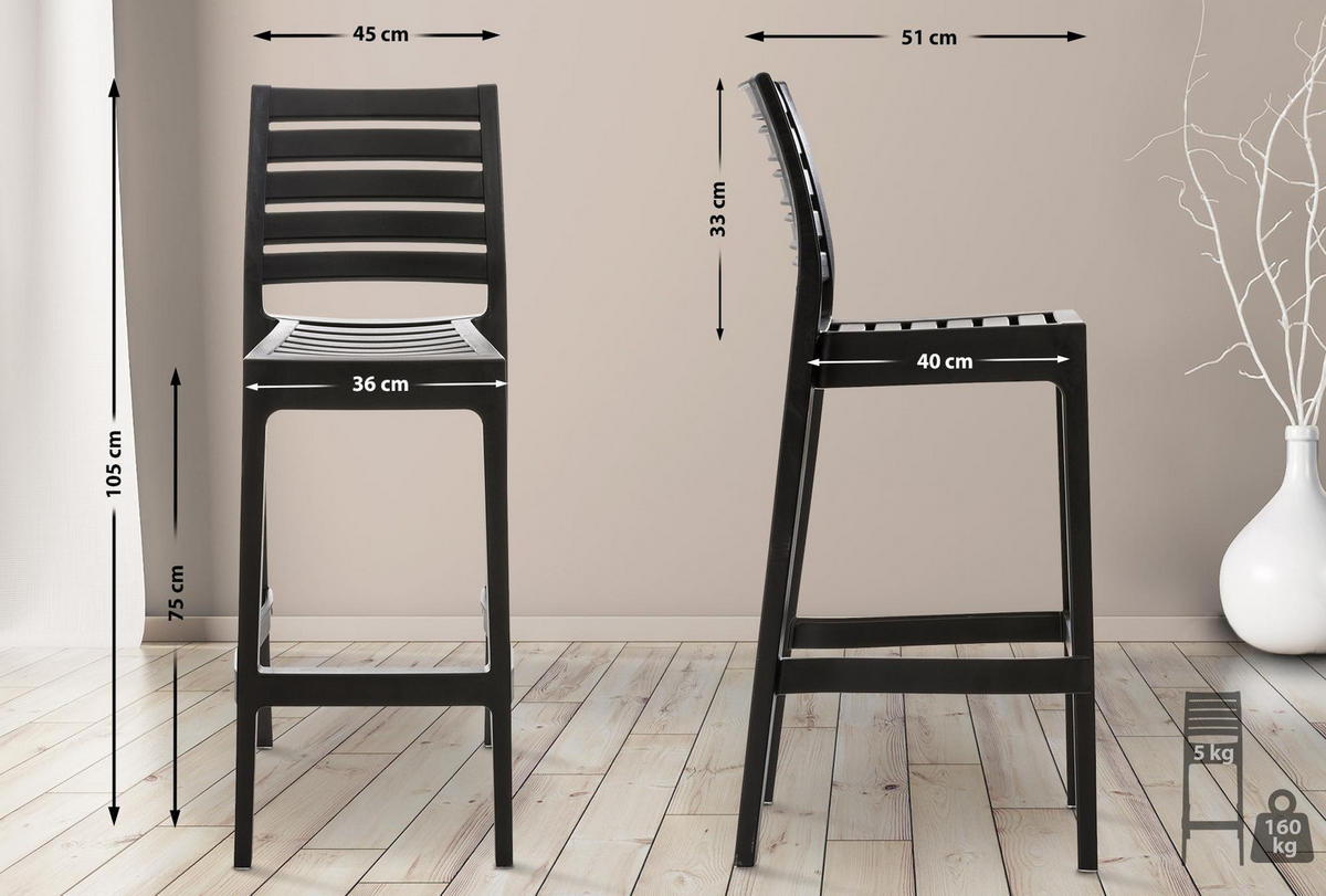 BARHOCKER 4er Set Kunststoff schwarz - Chromfarben/Schwarz, Kunststoff (45/105/51cm) - CLP