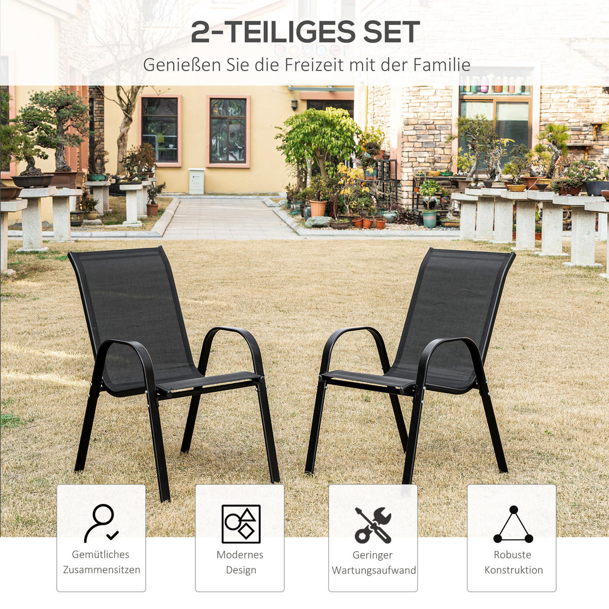 GARTENSTUHL, Essstühle, 2er-Set, mit Armlehne, Metall, Textil-Gewebe, Schwarz - Schwarz, Textil/Metall (54/90/70cm) - Outsunny