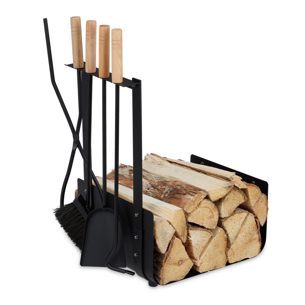 COȘ PENTRU LEMNE Negru Natural 5-piese oțel lemn 51 cm