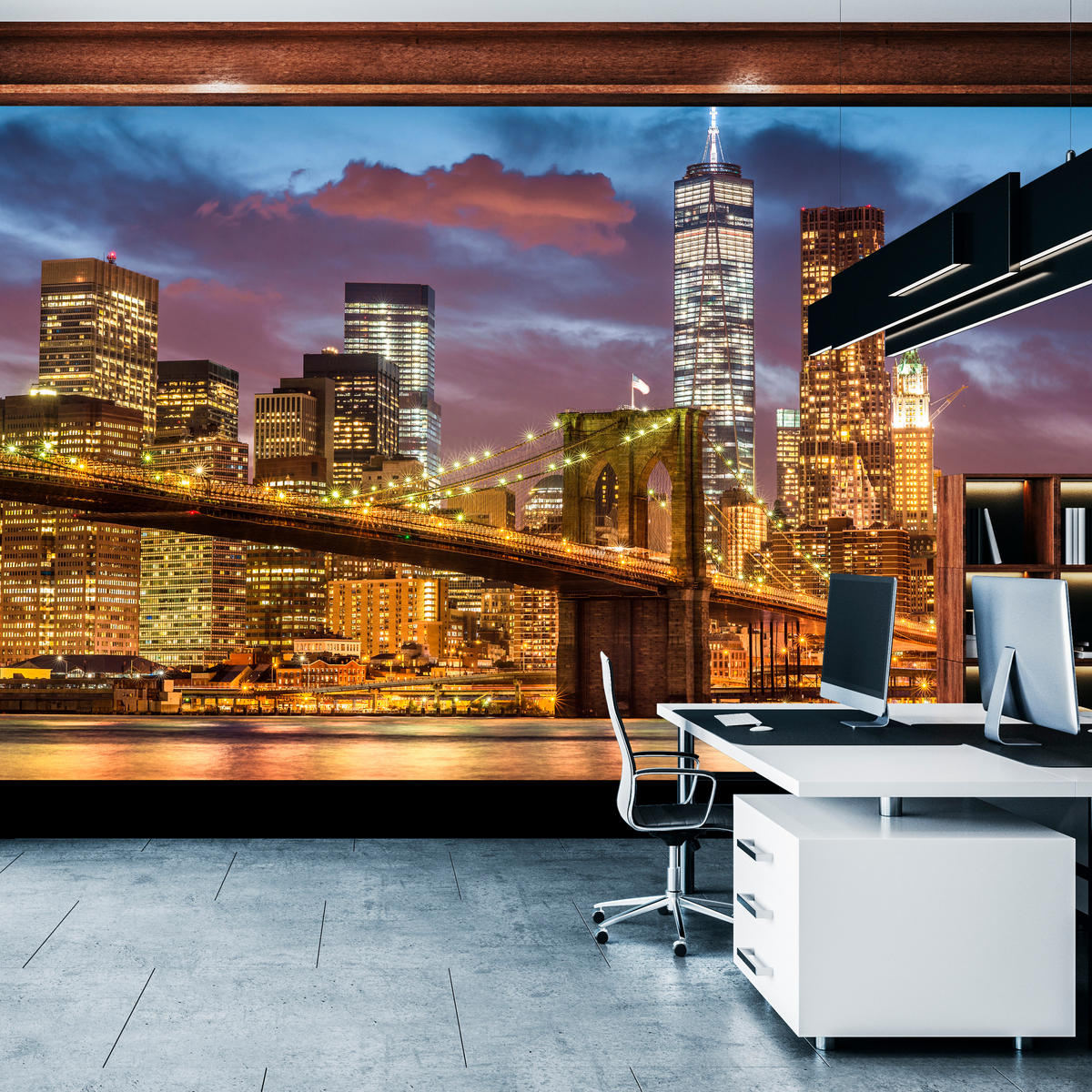 FOTOTAPETE für Wohnzimmer New York Nacht Brooklyn Bridge Wolkenkratzer 300x210 - Blau/Gelb, Papier (300/210cm) - Muralo