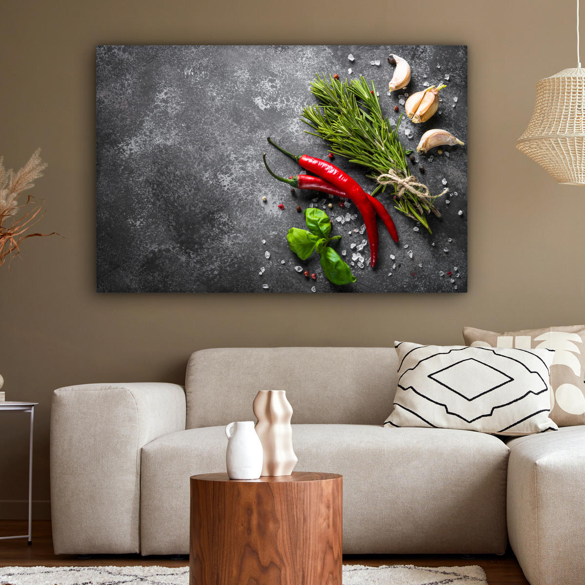 LEINWANDBILD Pfeffer - Kräuter - Gewürze - Beton Groß 140x90 cm - Dunkelgrau, Textil (140/90cm) - MuchoWow