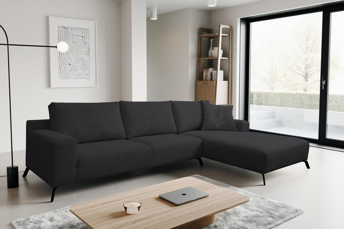 ECKSOFA Aspen in L-Form, Coach Farbe: Schwarz, Velourstoff, Ottomane Rechts - Schwarz, Textil (312/187cm) - VENASI MÖBEL