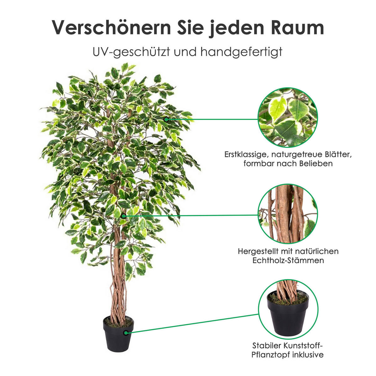 KUNSTBAUM Ficus benjamini, 180 cm - Multicolor, Kunststoff (180cm) - Homescapes