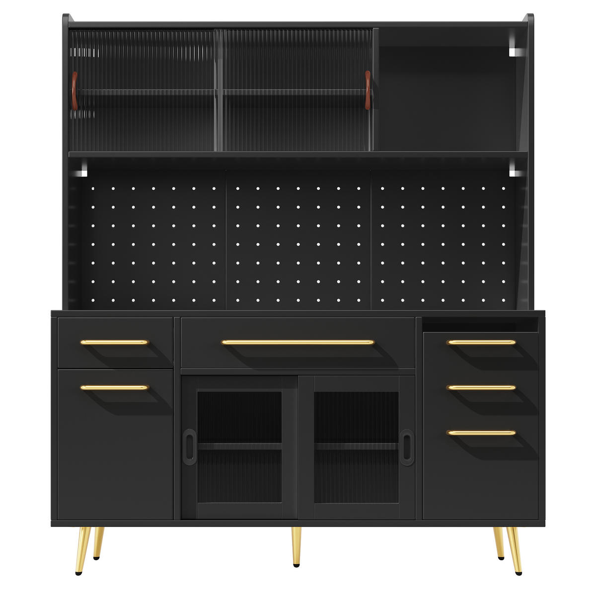 BUFFET DE-38428 145/39/171 cm mit LED-Beleuchtung und Lochwand Schwarz - Schwarz, Holzwerkstoff (145/171/39cm) - ComfortXL