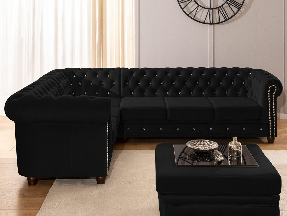 ECKSOFA mit Schlaffunktion Chesterfield Schwarz Samt mit Kristallsteppung und braunen Massivholzfüßen - Ottomane Links - Schwarz/Braun, Holz/Textil (264/210cm) - S-Style Möbel
