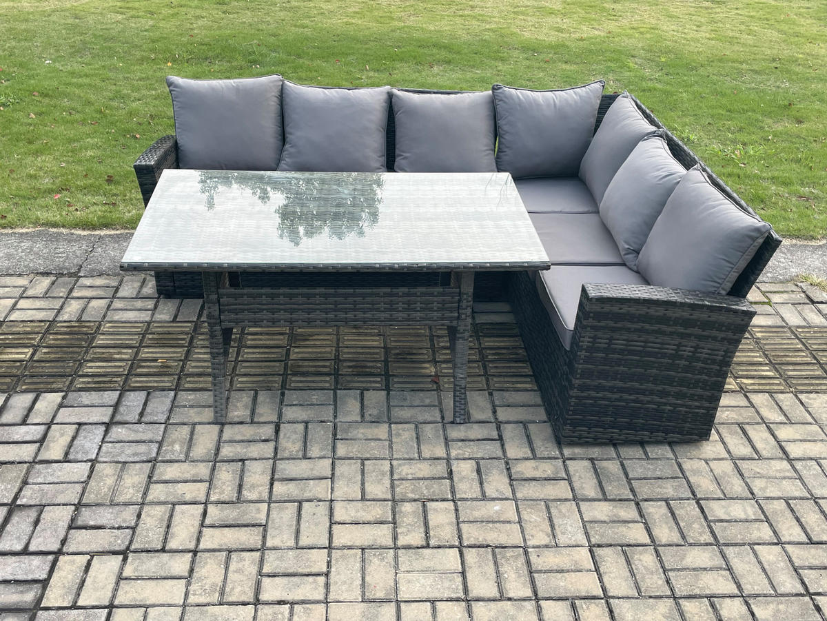 LOUNGEGARNITUR mit Esstisch Sofa Polyrattan Dunkelgrau 6-Sitzer - Dunkelgrau/Grau, Glas/Kunststoff - Fimous