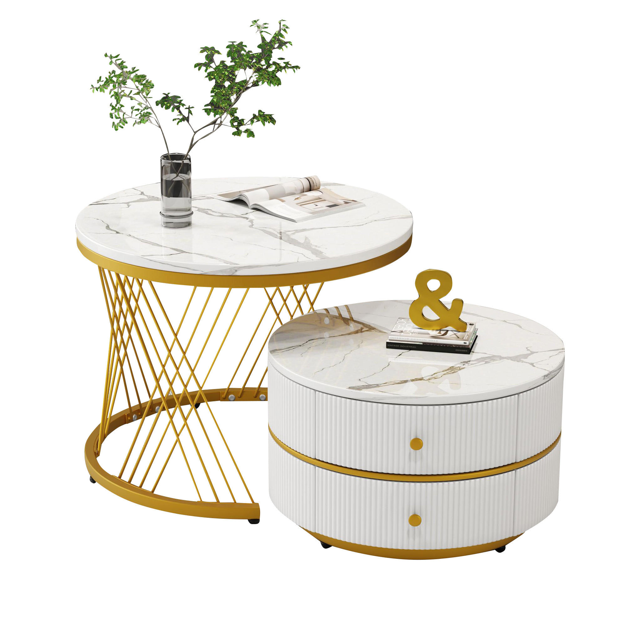 OKWISH KONFERENČNÍ stolek 60/60/46 a 50/50/30,8 cm bílý z MDF s vysokým leskem a zásuvkami