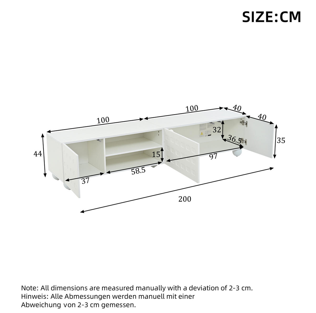 TV-LOWBOARD aus Spanplatte 200x40x44 cm Weiß mit 3 Türen und offenen Fächern - Weiß, Holzwerkstoff (200/44/40cm) - IVMEU