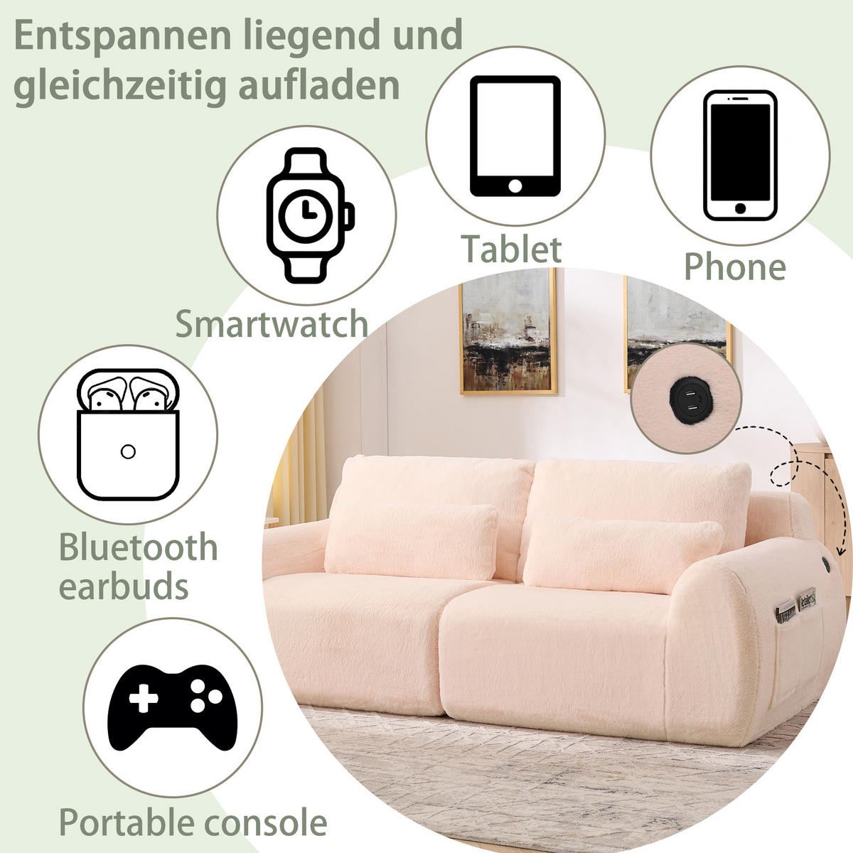 2-SITZER SOFA Kaninchenstil-Kunstfell Pink mit USB und Magazintasche - Rosa, Textil (208/81/101cm) - WISHDOR