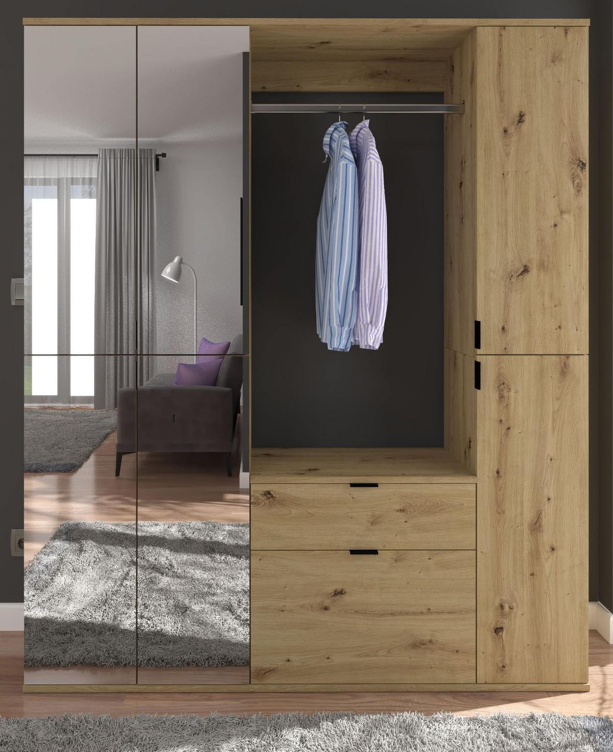 GARDEROBEN-SET Eiche Artisan 152 cm, Komplettset mit Spiegel - Schwarz/Eiche Artisan, Glas/Holzwerkstoff (152/193/34cm) - Inn.Furn