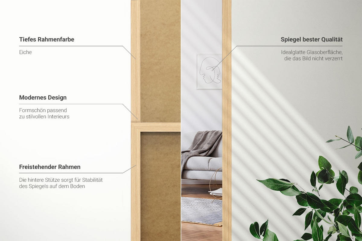 STANDSPIEGEL 156x36 cm – Eichenrahmen - Eiche Artisan, Glas (156/36/0.4cm) - Wallfluent