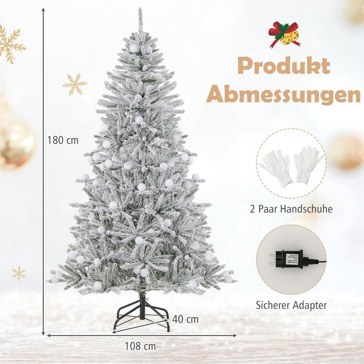 WEIHNACHTSBAUM mit Beleuchtung und Schnee Fernbedienung und Timer 180 cm weiß - Weiß, Metall (180cm) - COSTWAY