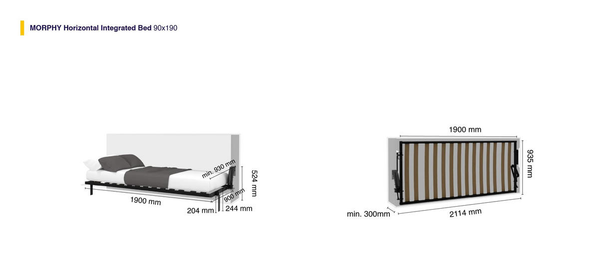 SCHRANKBETT Morphy Einbaubares 190x90 Horizontal - Weiß, Holz/Metall (190/90cm) - WallBedKing