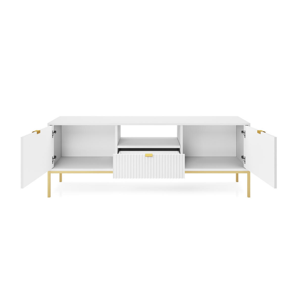 TV-SCHRANK Nova Weiß, Golden Beine, zweitüriger TV-Tisch - Goldfarben/Weiß, Holzwerkstoff/Metall (154/59/39cm) - Bettso