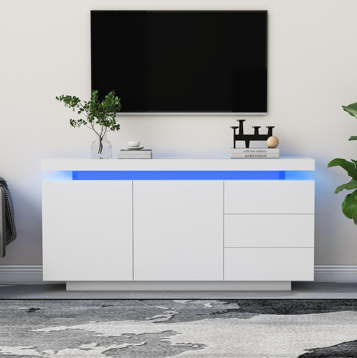 SIDEBOARD aus Spanplatte 140x35x72,5 cm Weiß mit LED-Beleuchtung, 2 Türen und 3 Schubladen - Weiß, Holzwerkstoff (140/72/38cm) - IVMEU
