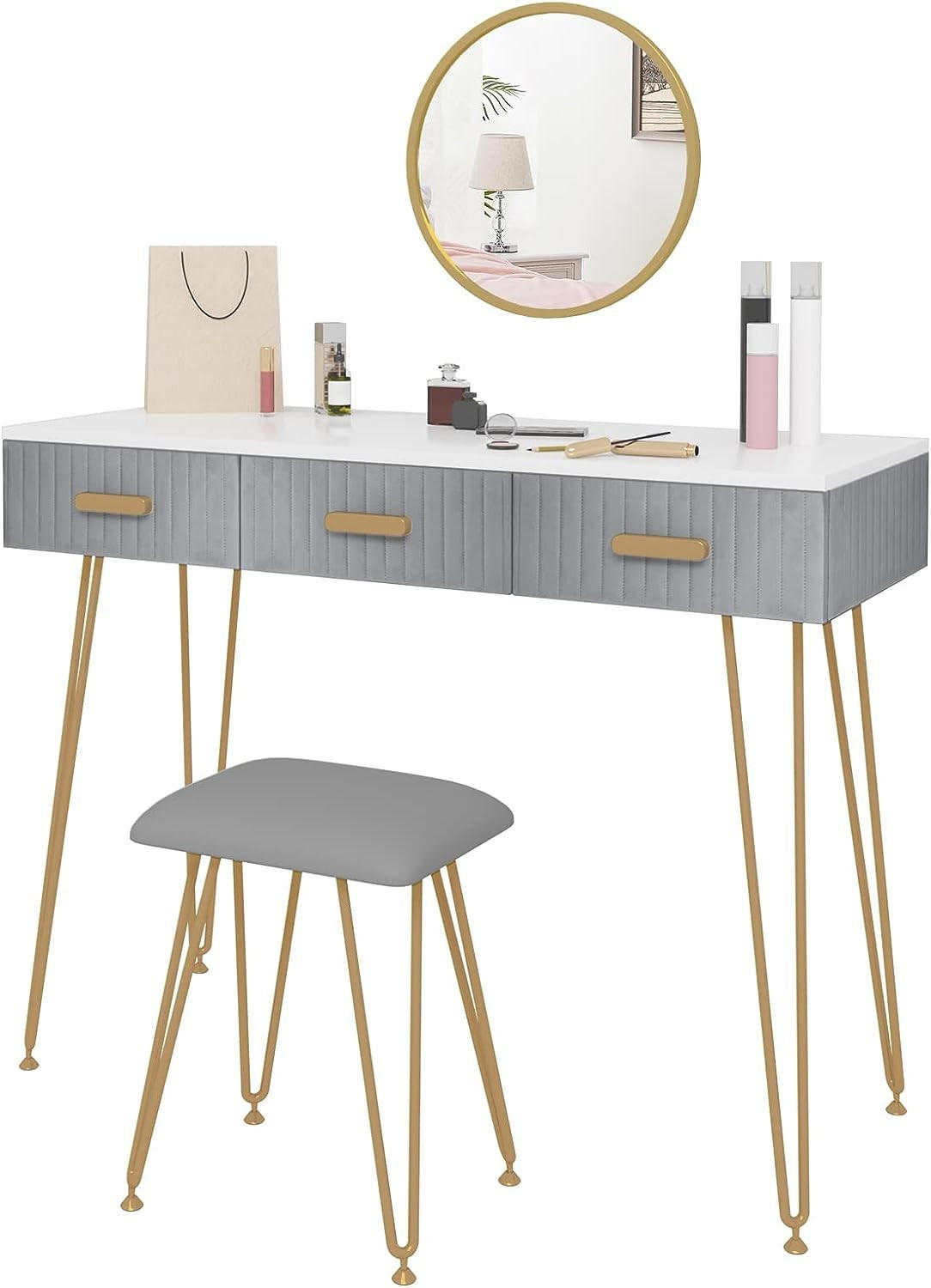 SCHMINKTISCH mit Hocker Spiegel - Goldfarben/Grau, Holzwerkstoff/Metall (100/77.5/40cm) - Woltu