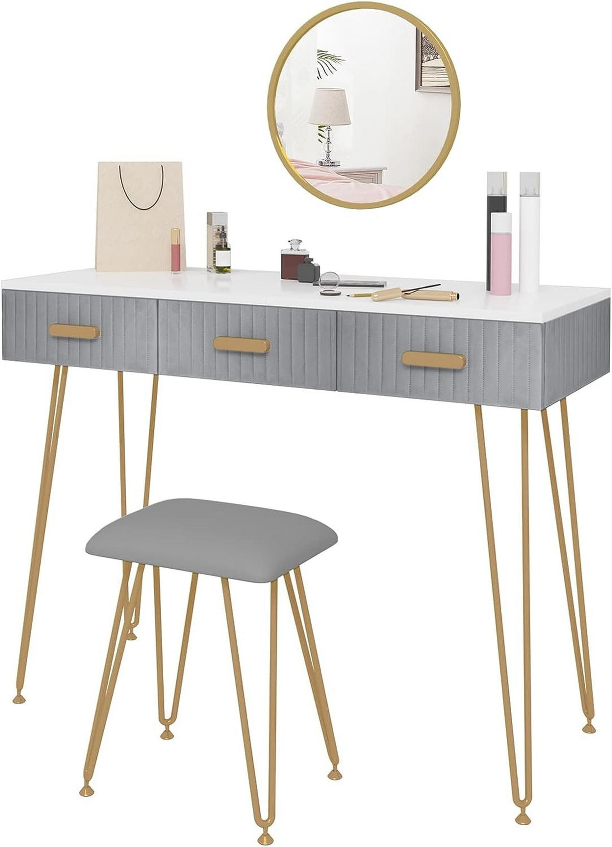 SCHMINKTISCH mit Hocker Spiegel - Goldfarben/Grau, Holzwerkstoff/Metall (100/77.5/40cm) - Woltu