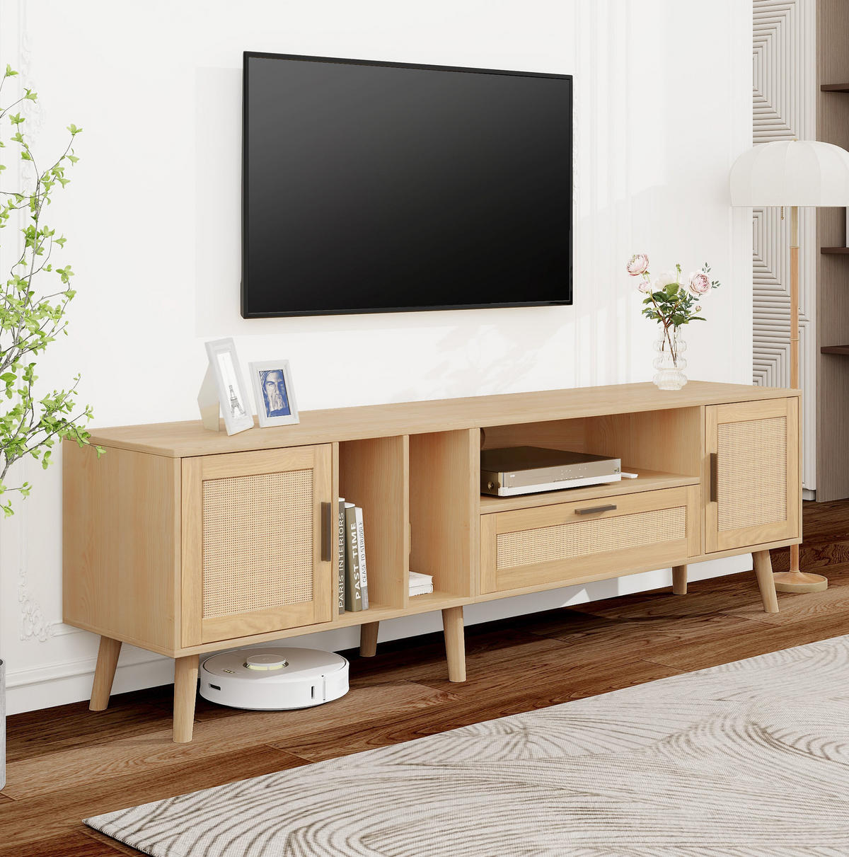 TV-ELEMENT mit Rattan-Dekor 180 cm Holzoptik mit 2 Türen und 1 Schublade - Braun, Holzwerkstoff (40/54/180cm) - Beauniv