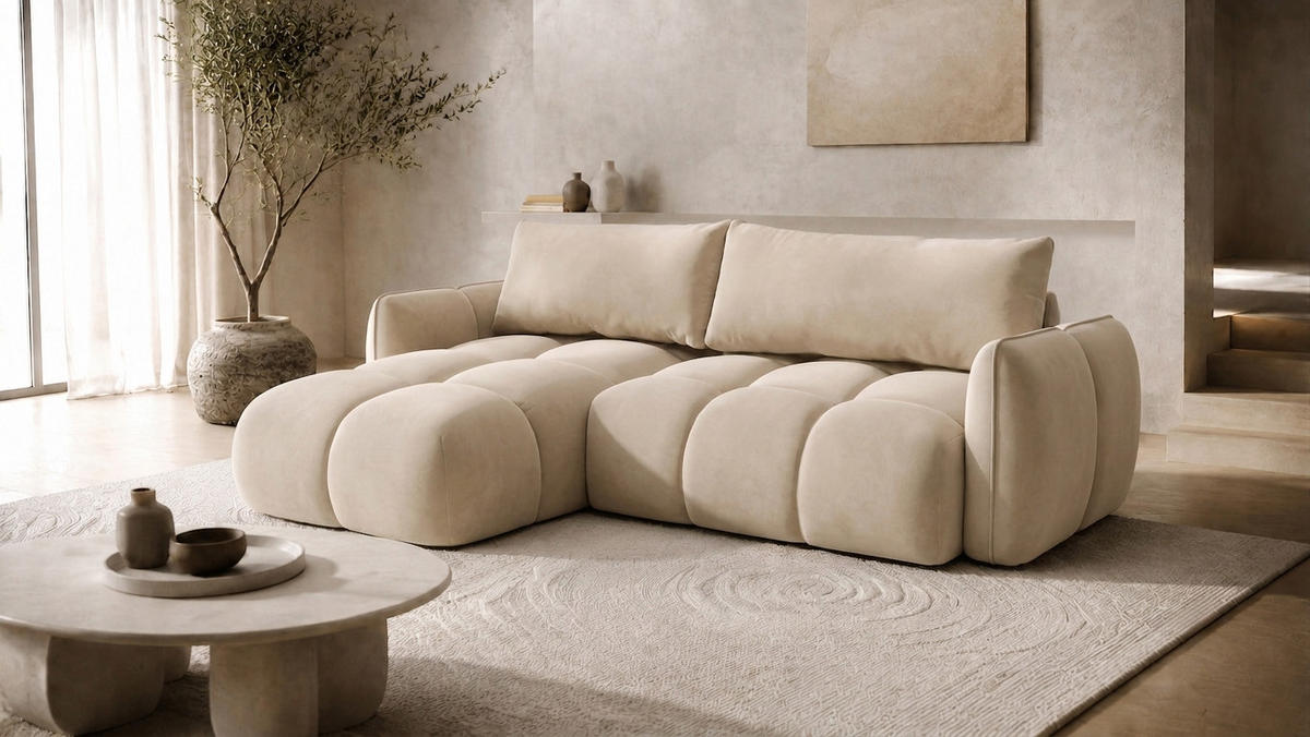 ECKSOFA L-Form Mit Schlaffunktion, Veloursstoff Bluvel, Creme, Links, BELVEDER L - Creme, Holz (250/168cm) - Kaiser Möbel