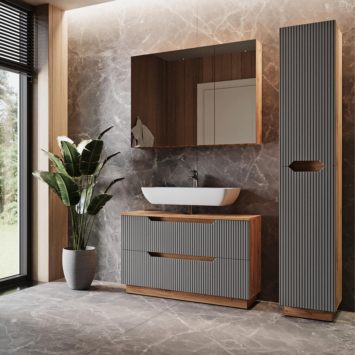 BADMÖBEL-SET Lotta Eiche/grau gestreift 3 Teile - Eichefarben/Grau, Holzwerkstoff (99.4/62.5/32cm) - Vicco