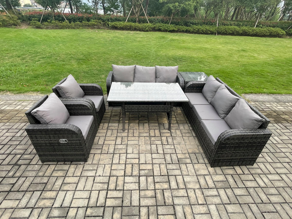GARTENTISCHGRUPPE mit Beistelltisch Polyrattan Dunkelgrau 8-Sitzer - Dunkelgrau/Grau, Glas/Kunststoff - Fimous