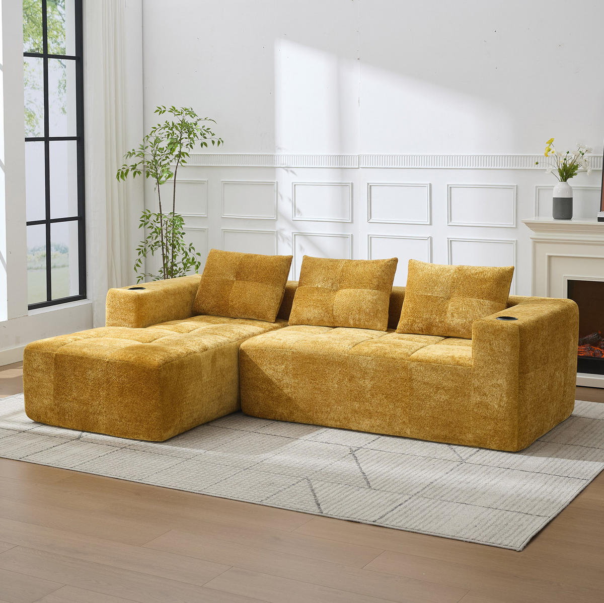 ECKSOFA 258 cm mit Becherhaltern, tiefem Sitzkomfort und Chenille-Bezug, Gelb - Gelb, Textil (258/163cm) - Redom