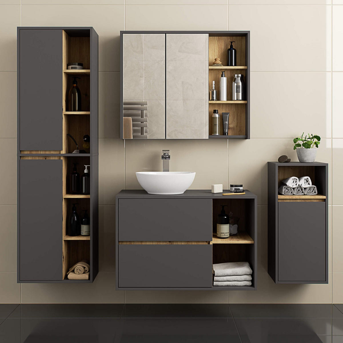 BAD HOCHSCHRANK Vami Grau, Eiche Artisan - Eiche Artisan/Grau, Holzwerkstoff (50/170/30cm) - Akord
