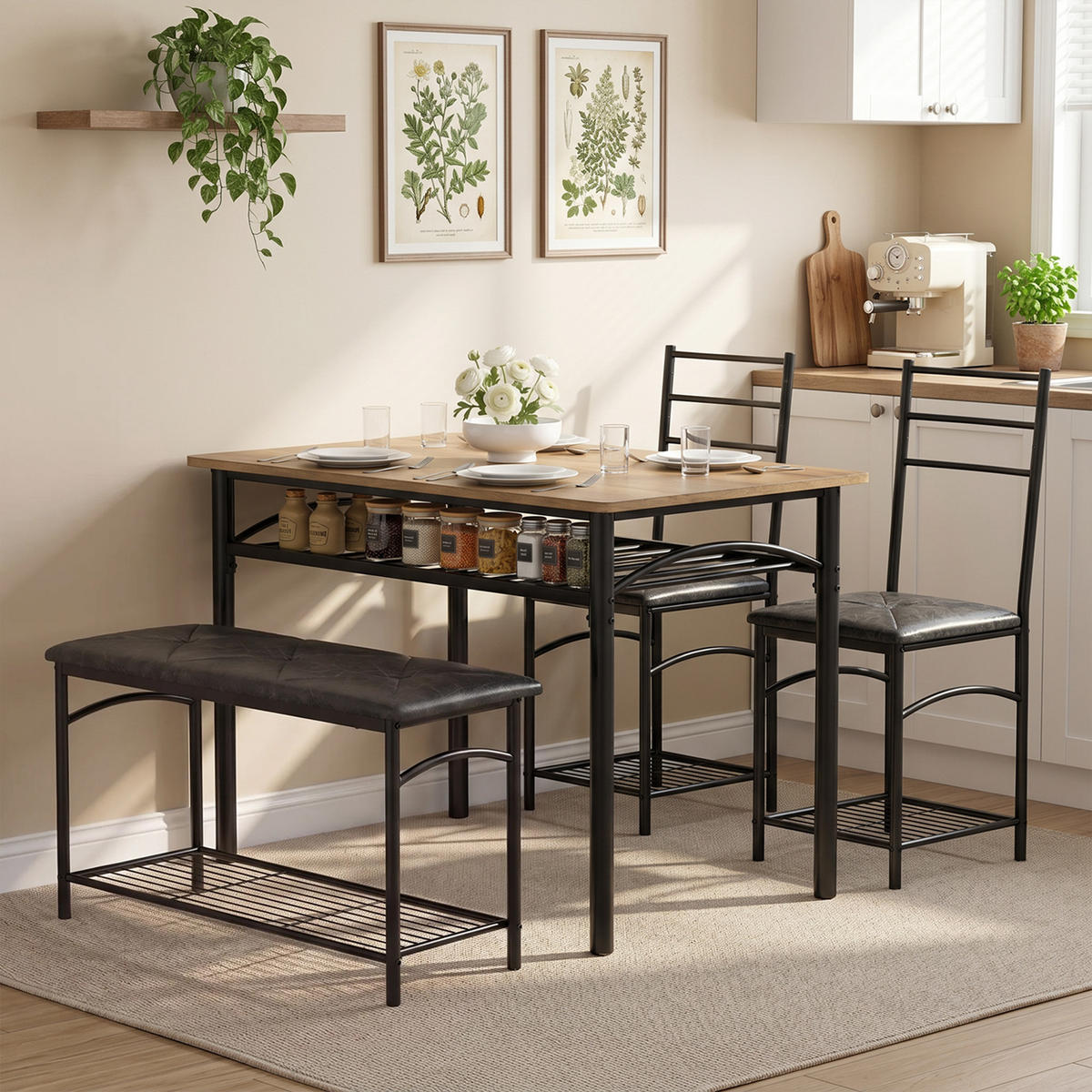 ESSGRUPPE Tisch mit 2 Stühlen und Bank Rostfarben 100.0/60.0/76.3 cm - Rostfarben, Metall (60/76.3/100cm)