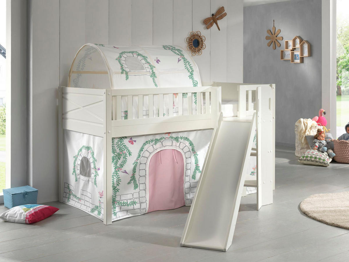 HOCHBETT mit Rutsche Karyl Massivholz Weiß Textilset Birdy 2 - Hellgrau/Weiß, Holz (90/200cm) - 58aufmkessel